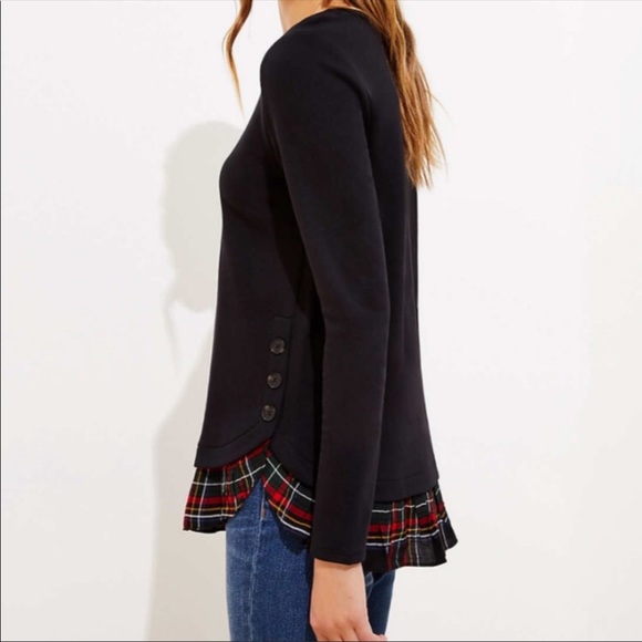 Loft Black Top with Plaid Ruffle Trim - Picture 1 of 8
